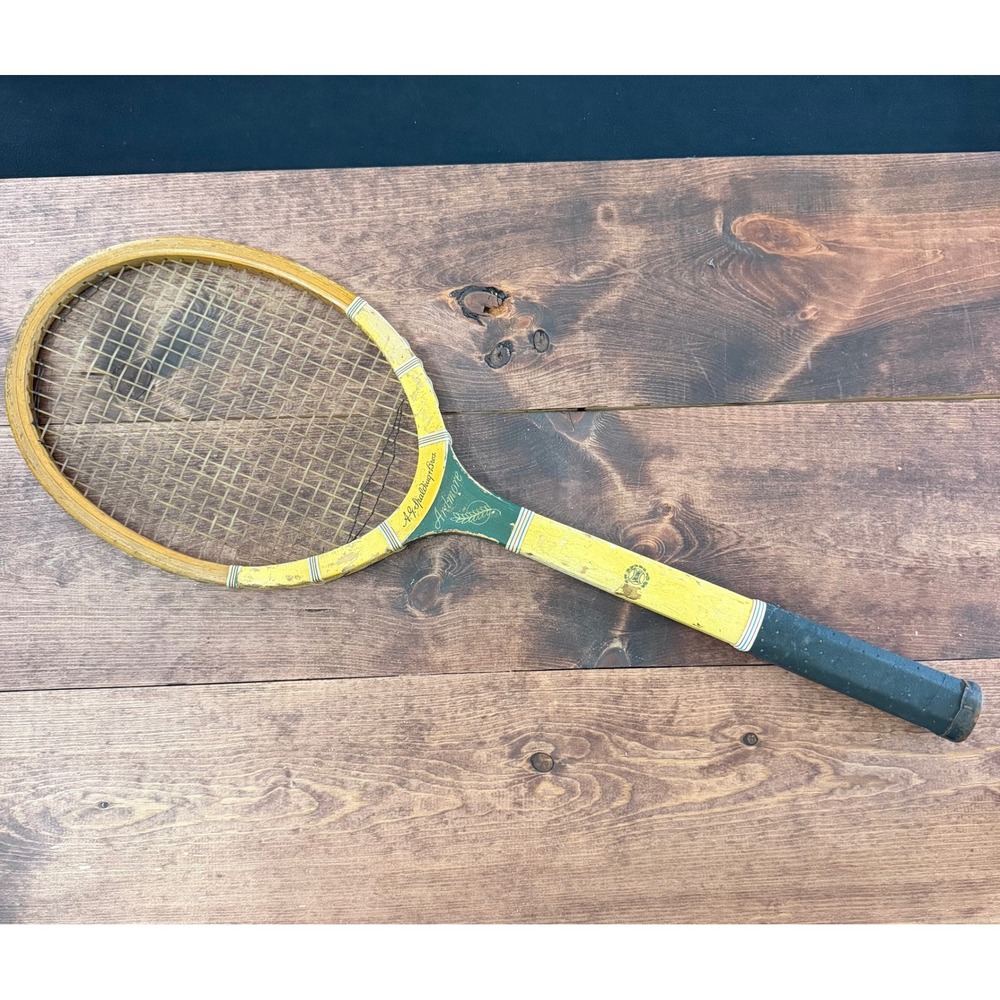 Vintage AG Spalding Bros Ardmore Wooden Tennis Racquet Yellow Green Antique